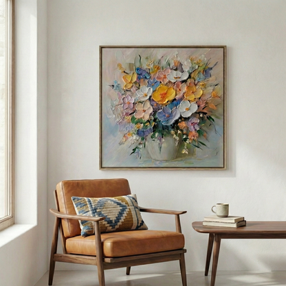 Aurelia Impasto Bloom square floral wall art above a tan leather chair