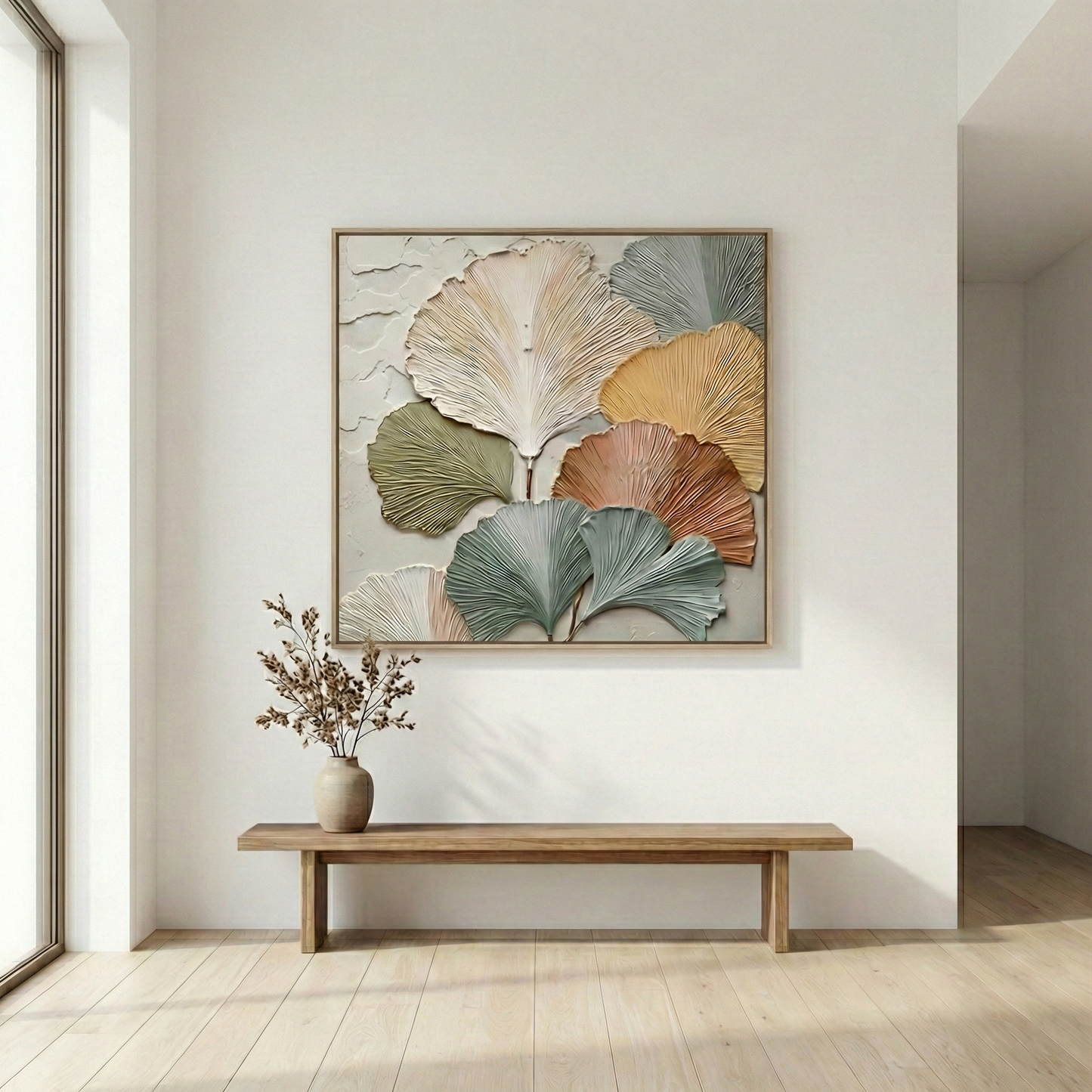The Ancient Resilience above a wood bench in a bright entryway