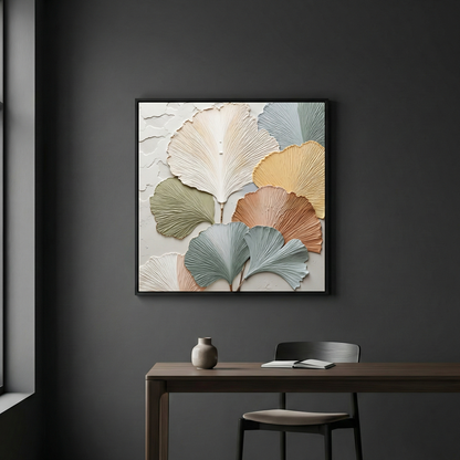 The Ancient Resilience ginkgo wall art in a charcoal home office