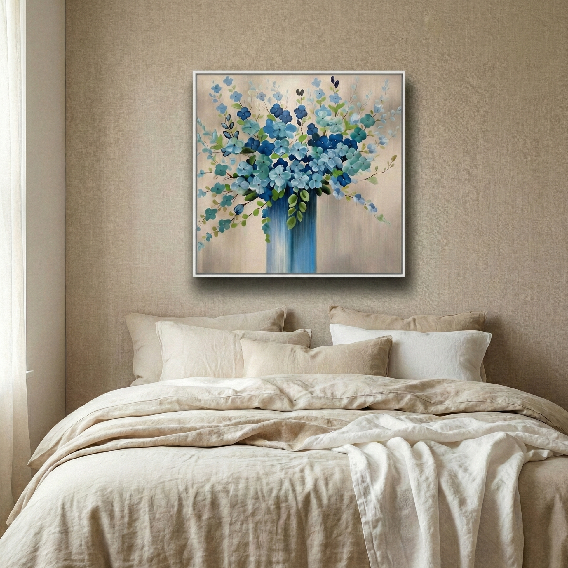 Indigo Silence above a cream bed in a soft neutral bedroom