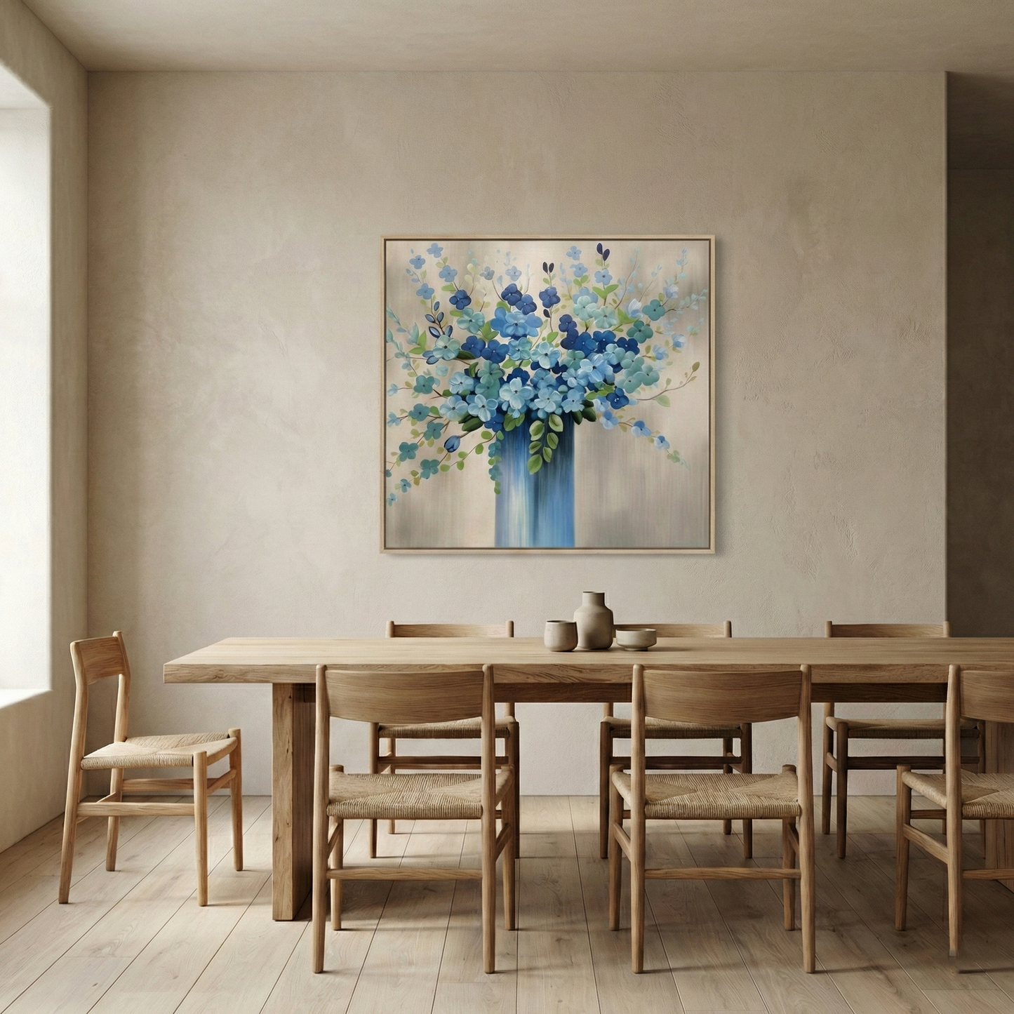 Indigo Silence blue and green bouquet art in a natural wood dining room