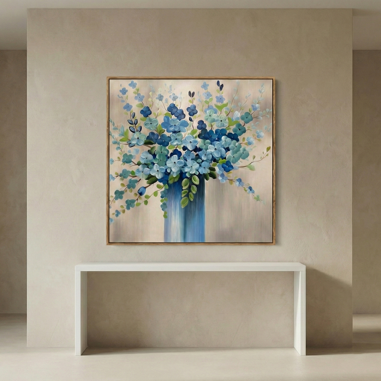 Indigo Silence above a white console in a minimal entryway