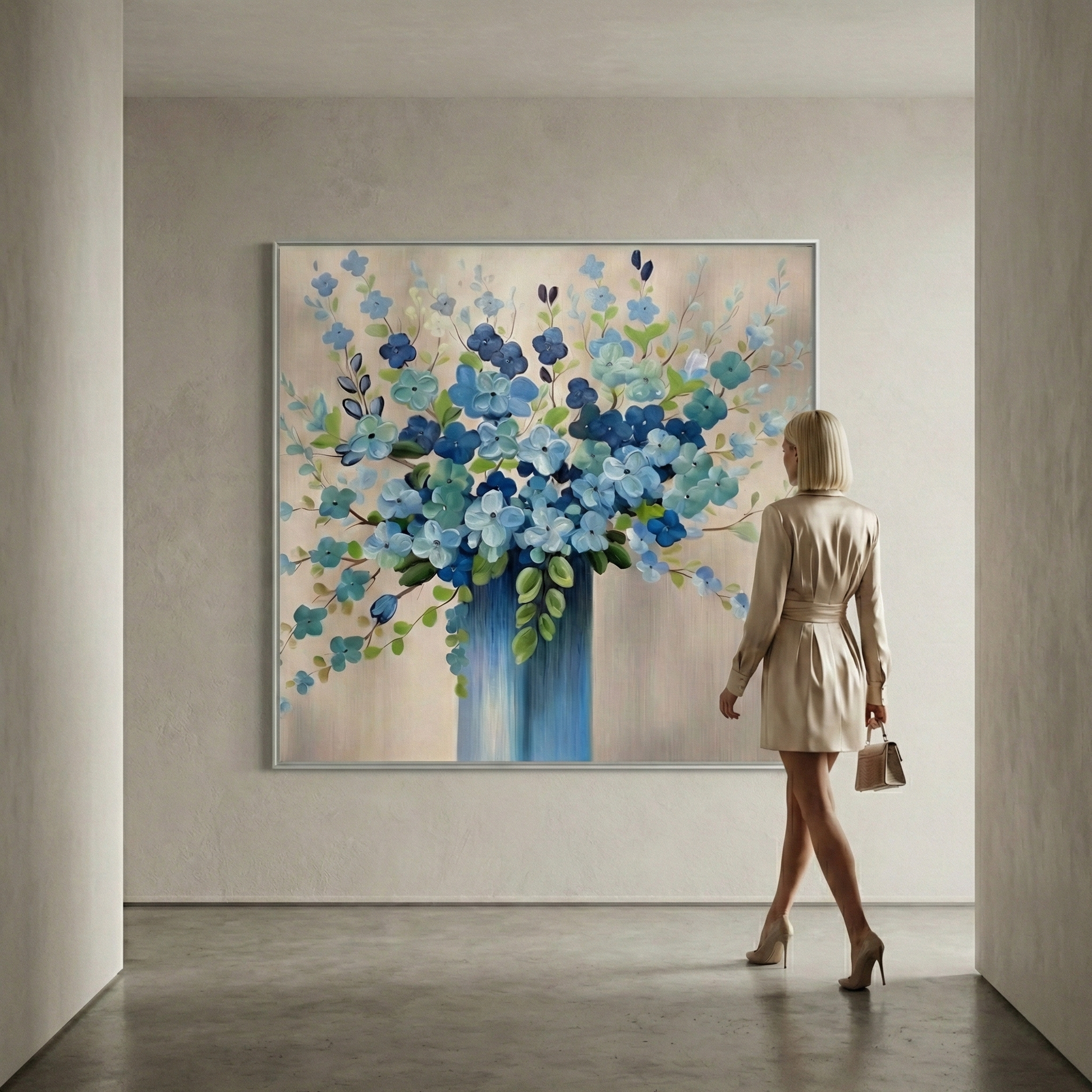 Indigo Silence large blue floral artwork in a gallery-style hallway