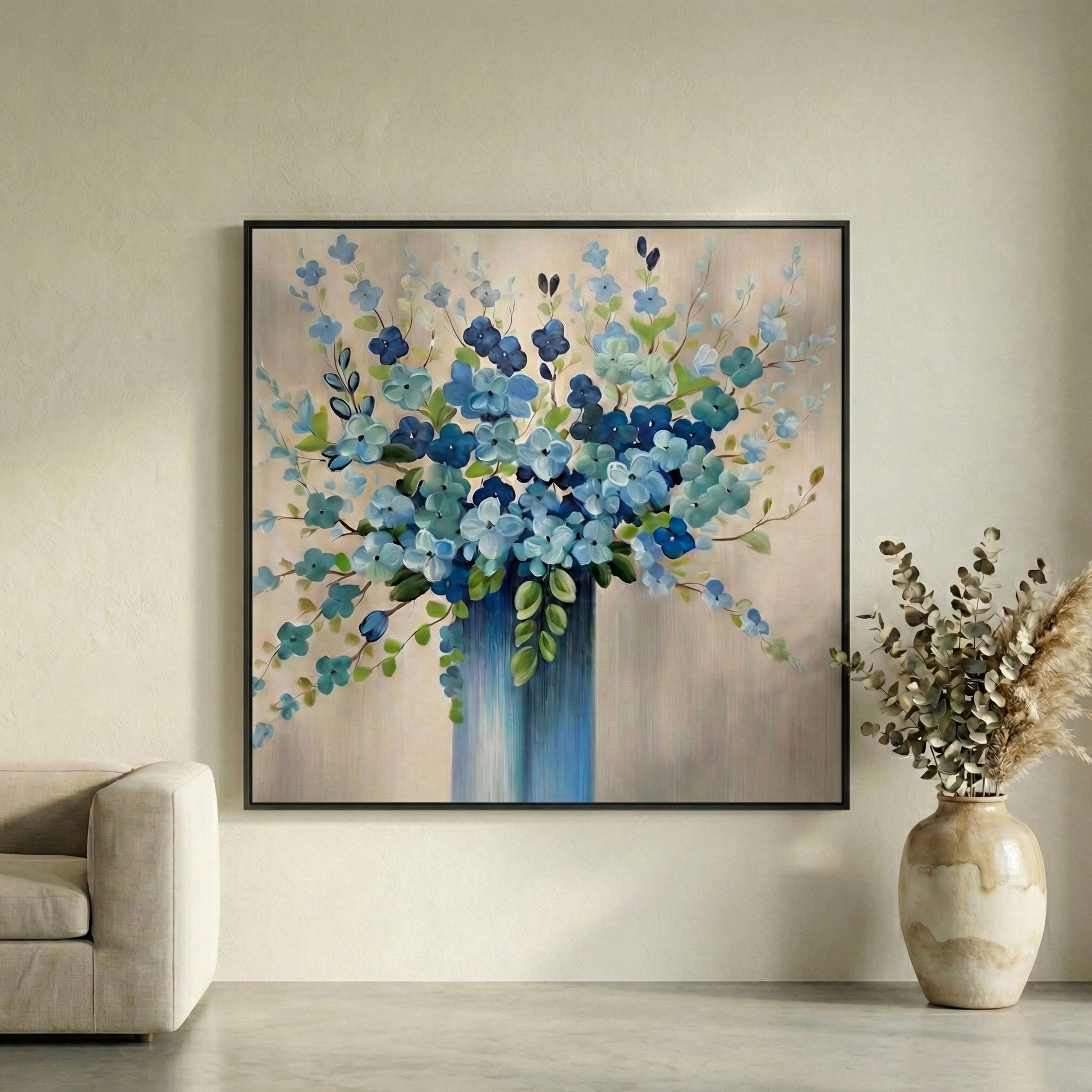 Indigo Silence blue bouquet art in a bright neutral living room
