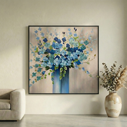 Indigo Silence blue bouquet art in a bright neutral living room
