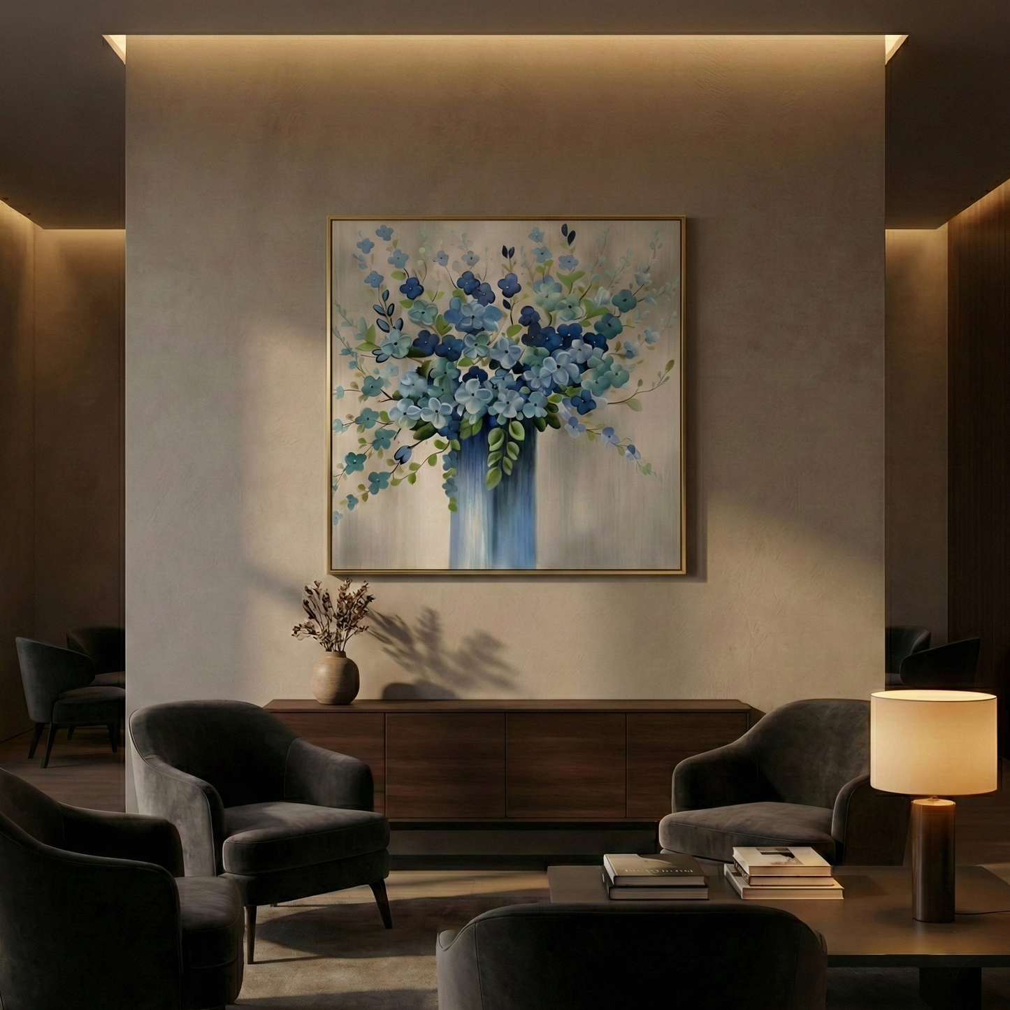 Indigo Silence blue floral art in a dark evening lounge