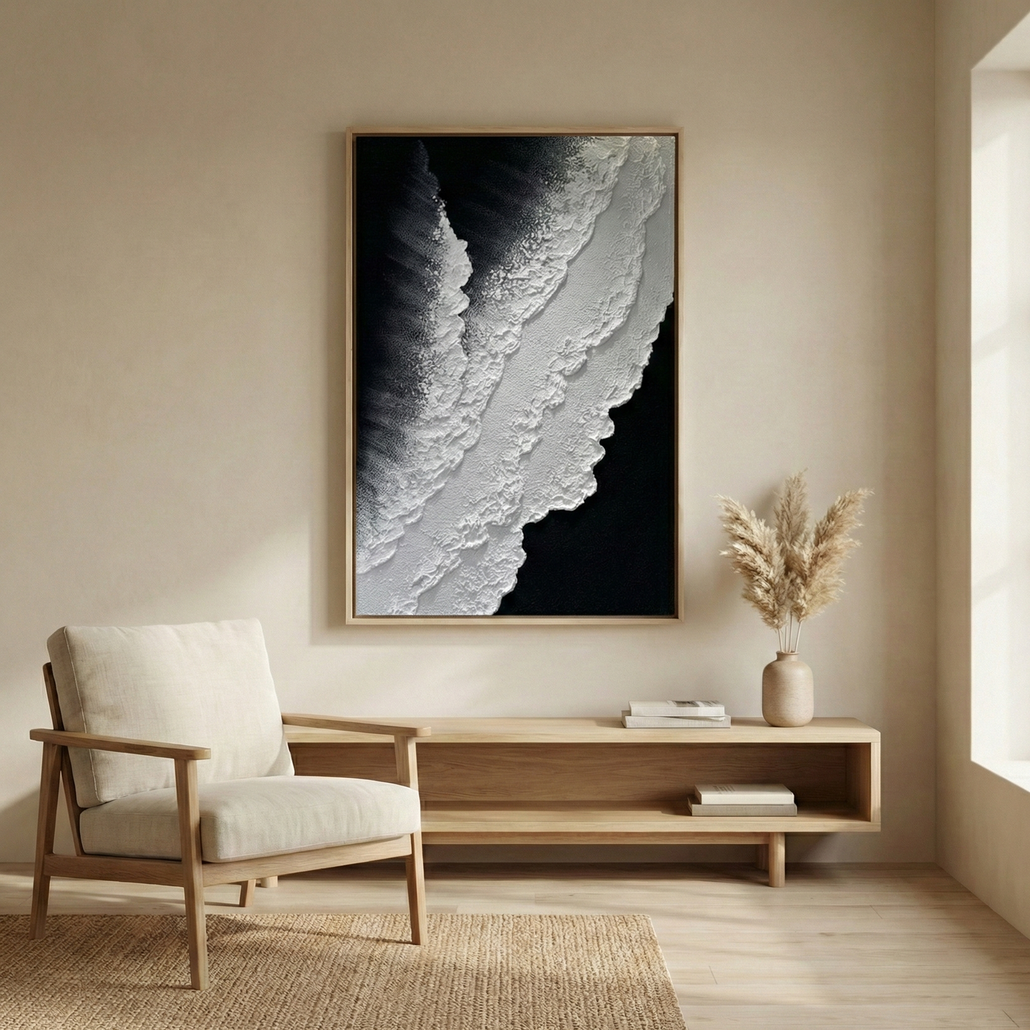 Vestige of Silence above a low console in a neutral living room