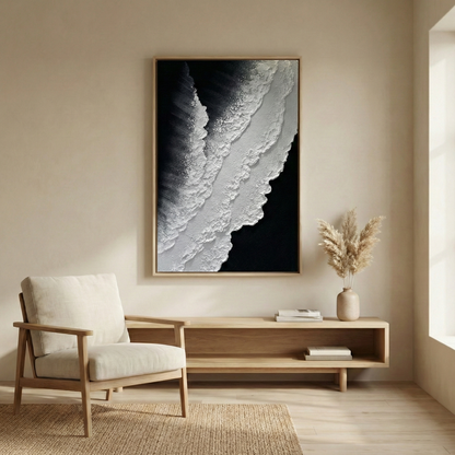 Vestige of Silence above a low console in a neutral living room