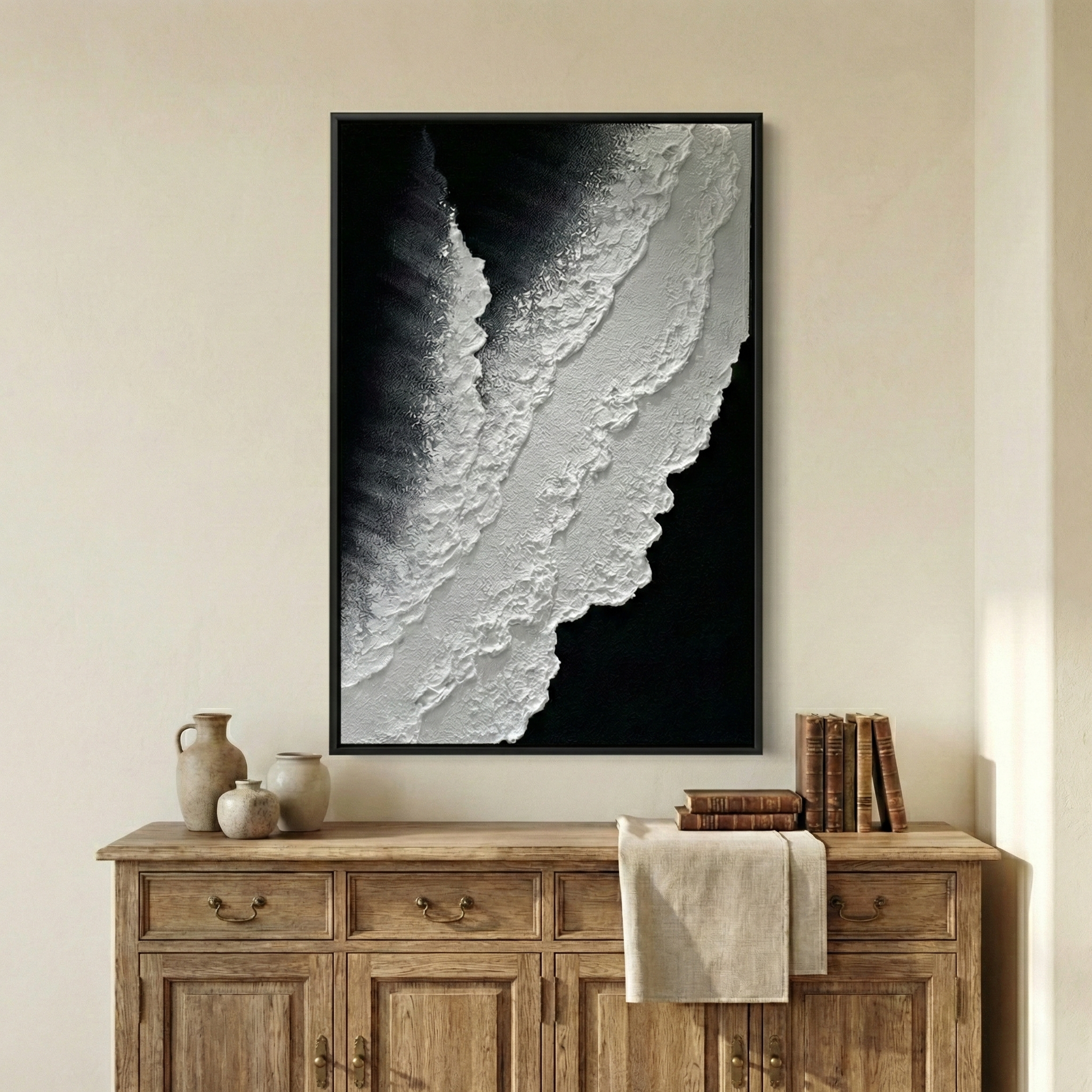 Vestige of Silence above a console in a warm entryway