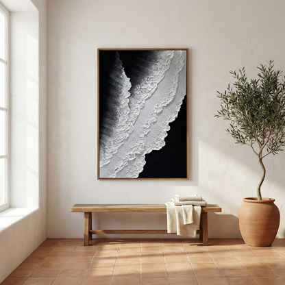 Vestige of Silence black and white artwork in a bright lounge