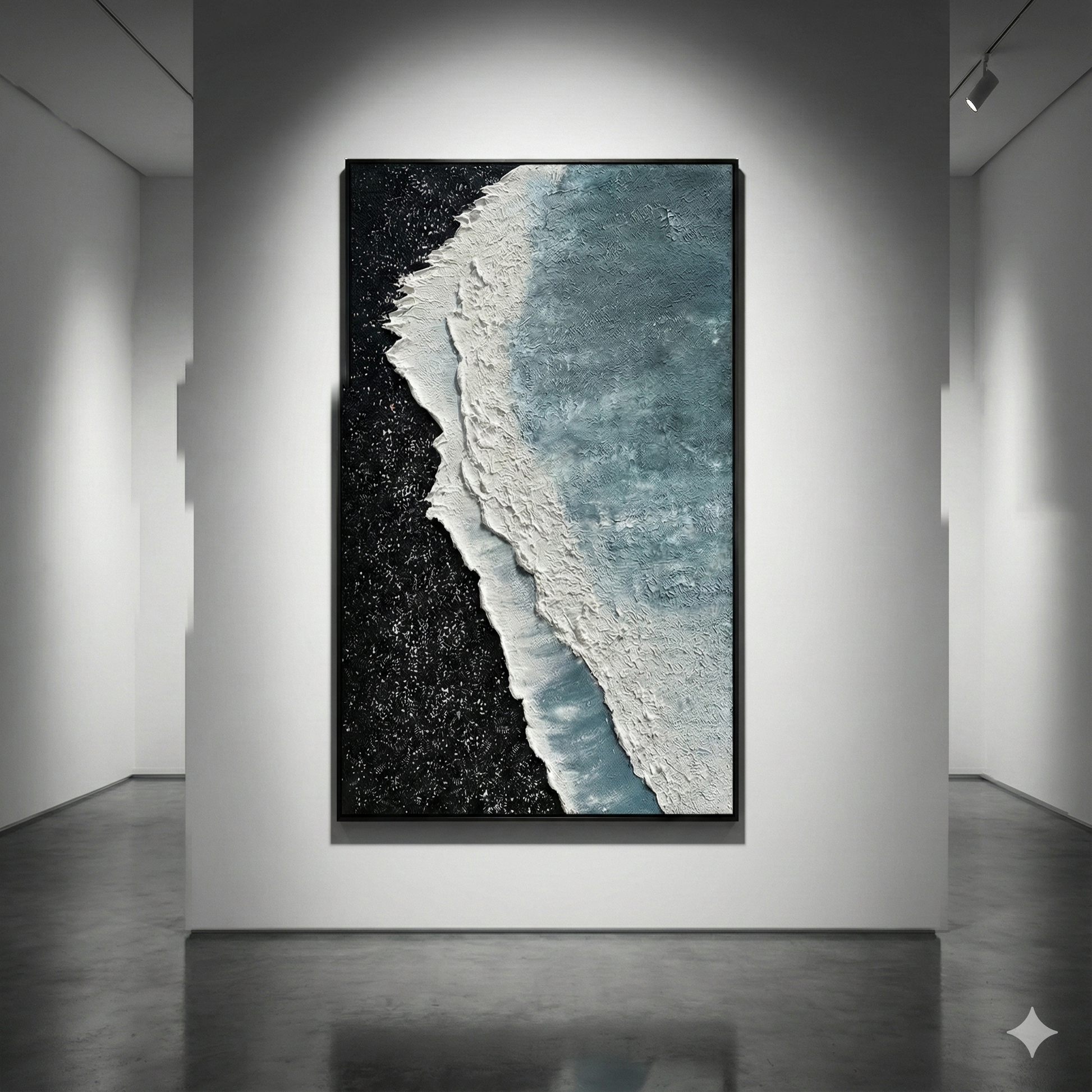 Silence in Onyx tall coastal artwork in a white gallery setting