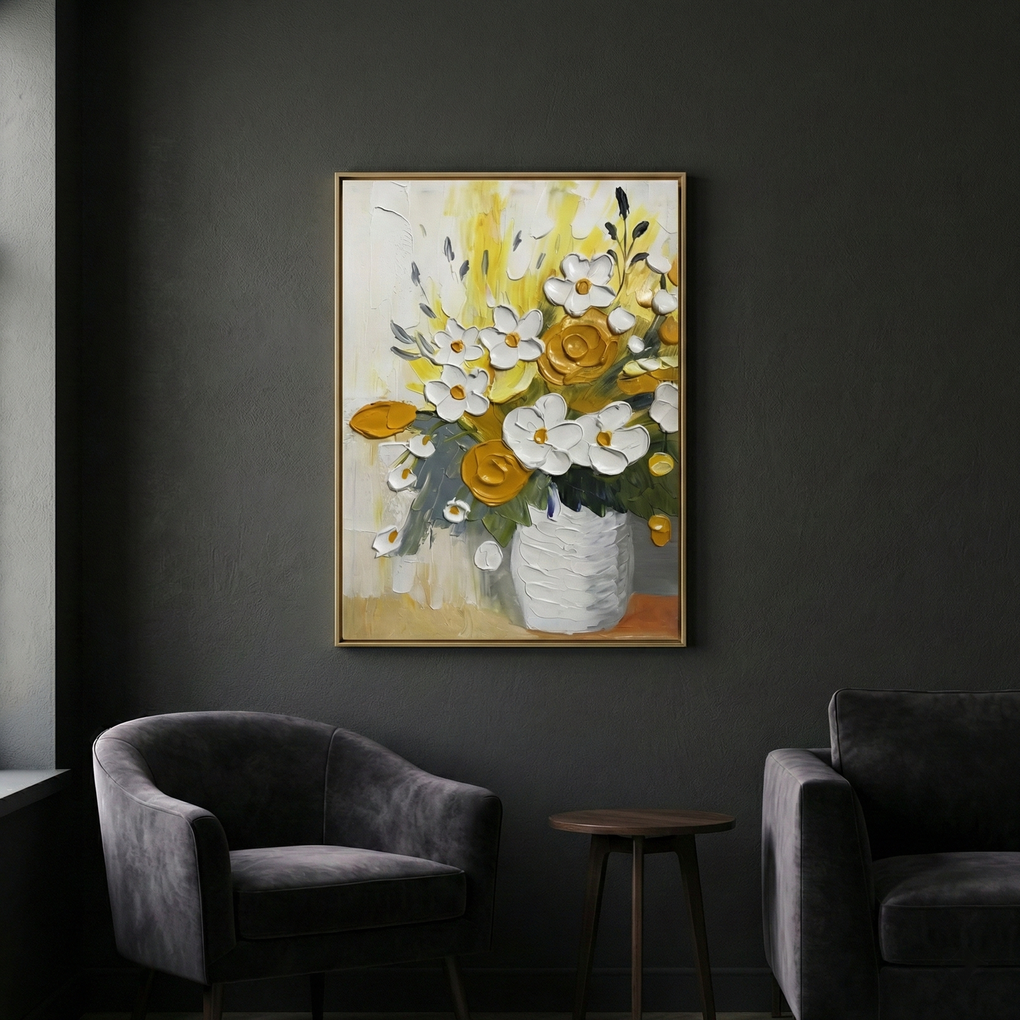 Solaris Impasto yellow floral artwork against a charcoal wall
