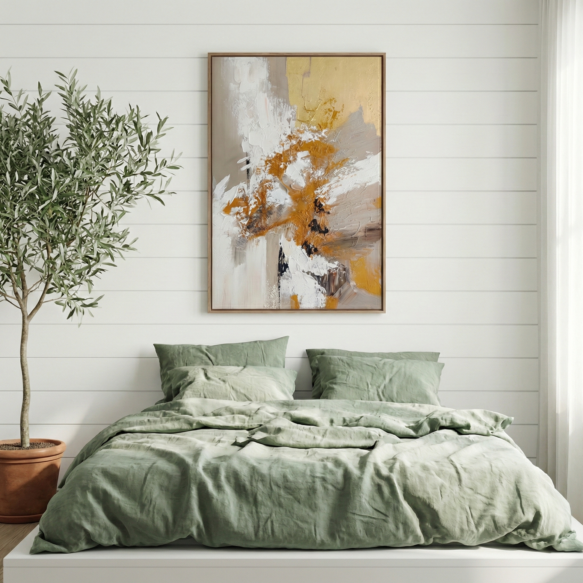 Aeterna textured wall art above a sage green bed in a neutral bedroom
