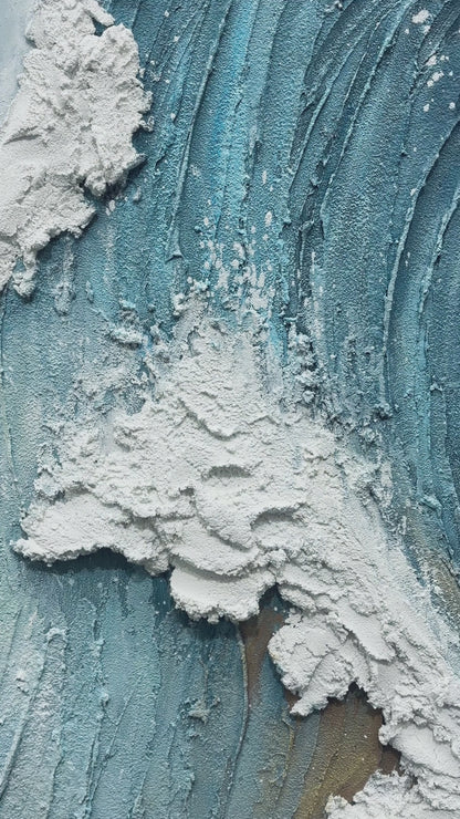 Close-up views of raised white foam and blue wave ridges, followed by a full artwork presentation