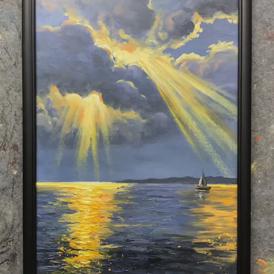 Painting golden rays and sea reflections by hand, adding the small sailboat, then showing the finished seascape.