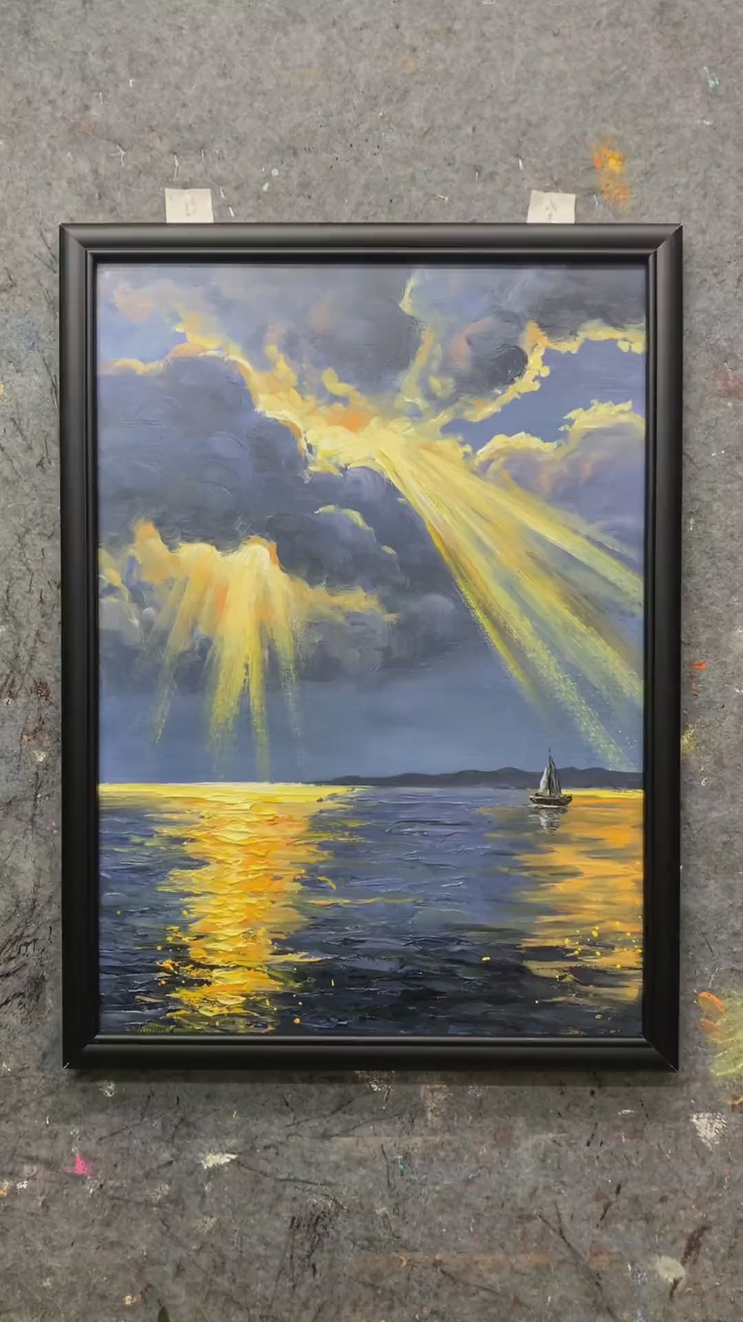 Painting golden rays and sea reflections by hand, adding the small sailboat, then showing the finished seascape.
