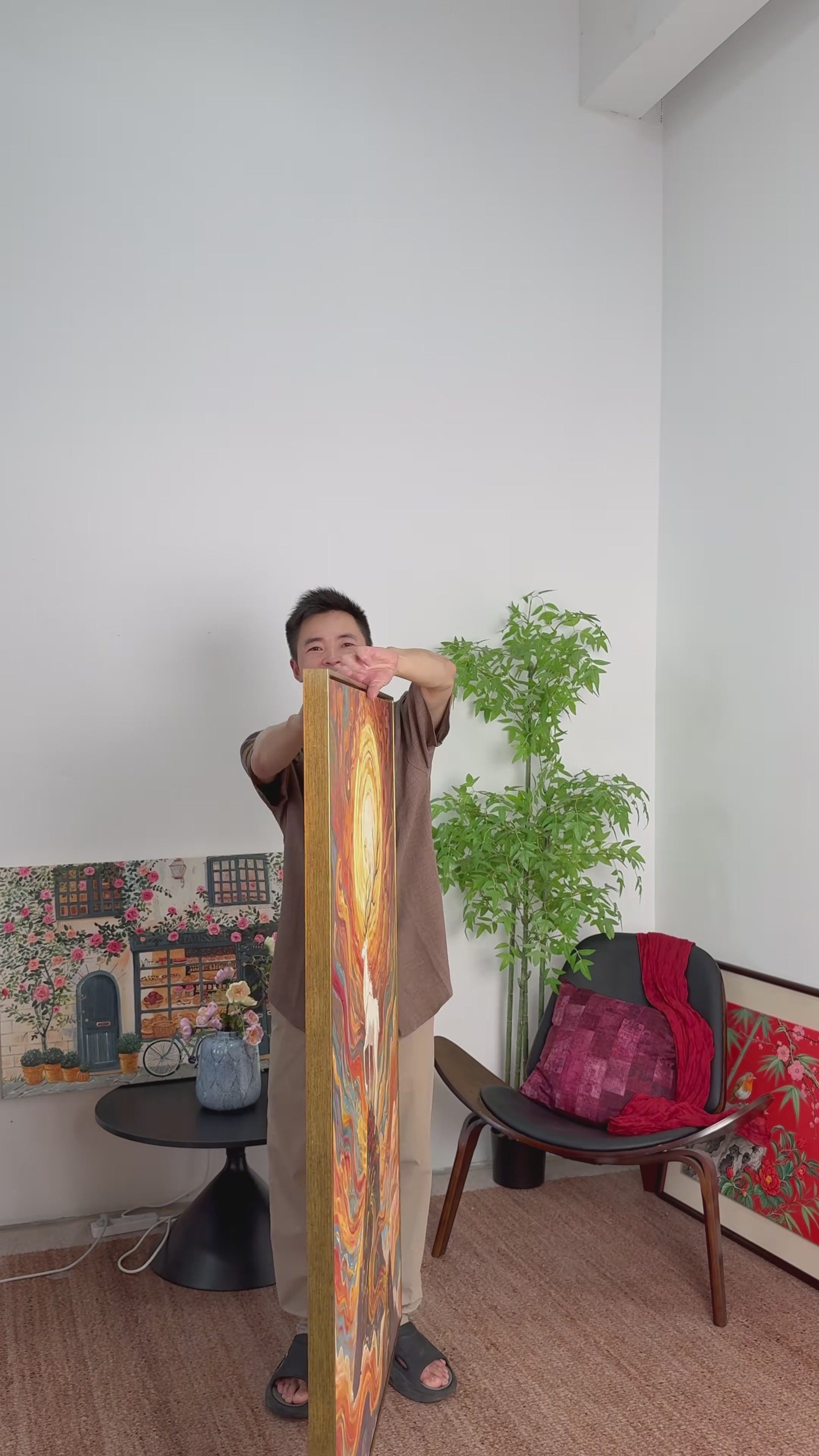 Real workshop video showing the hand-painted white deer, sunrise and mountain artwork from side and front views
