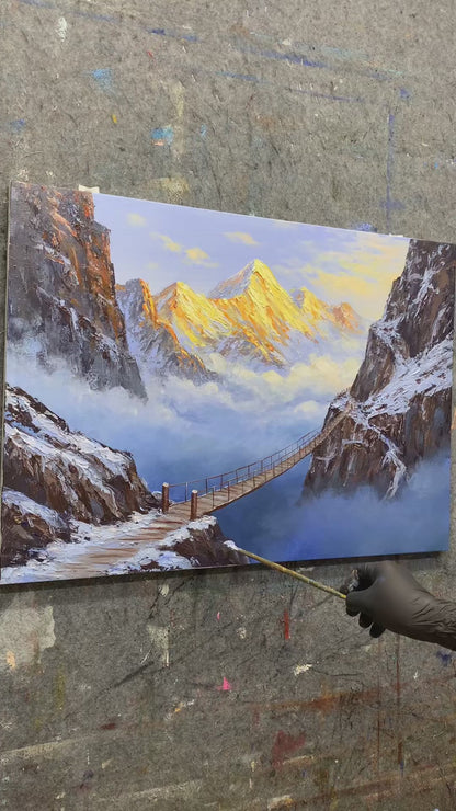 Painting the golden mountains, snowy canyon cliffs and wooden bridge, followed by the completed framed landscape