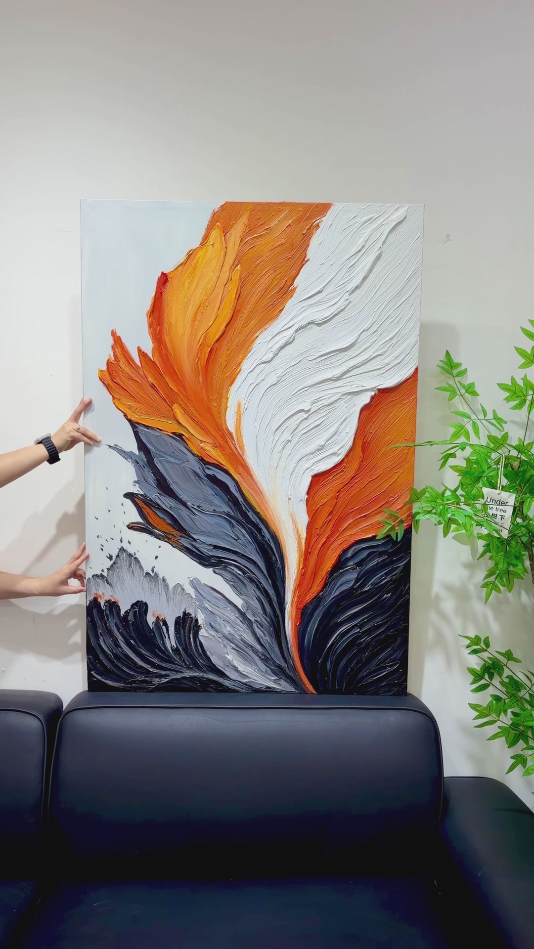 Full artwork shown in the studio before moving close-ups of raised paint, followed by a complete framed presentation