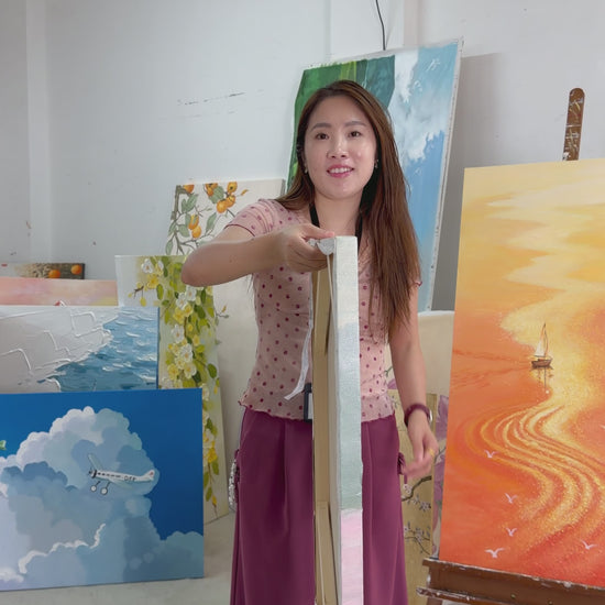 Studio reveal of a hand-painted pastel sunset, followed by a framed artwork view