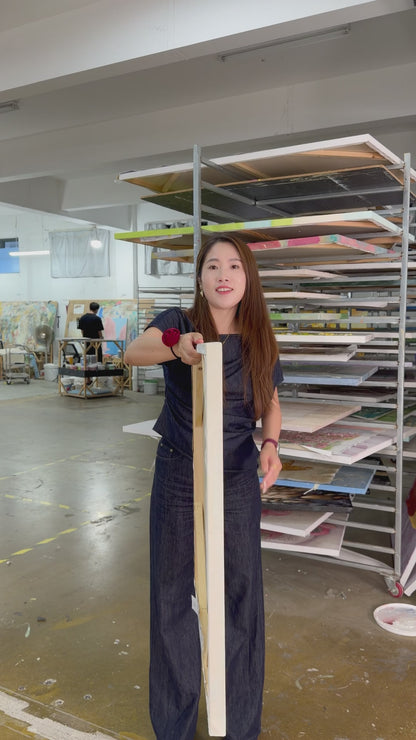 Workshop reveal of the square lotus and koi painting, followed by a framed wall display