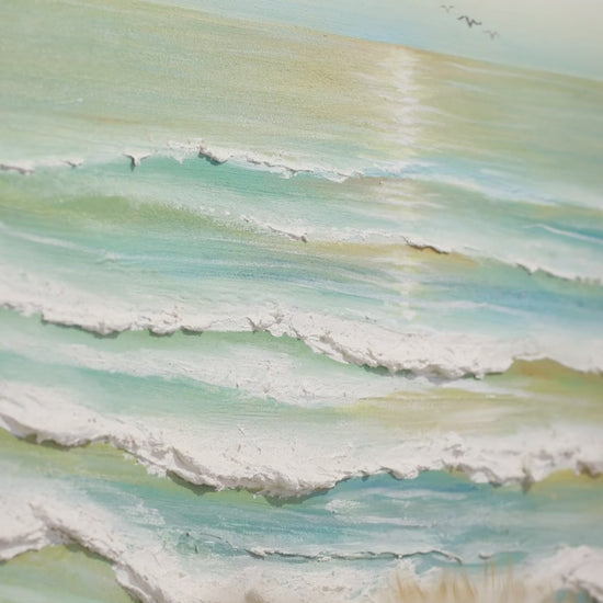Close views of white wave texture and the finished Morning Tide sunrise painting on a wall
