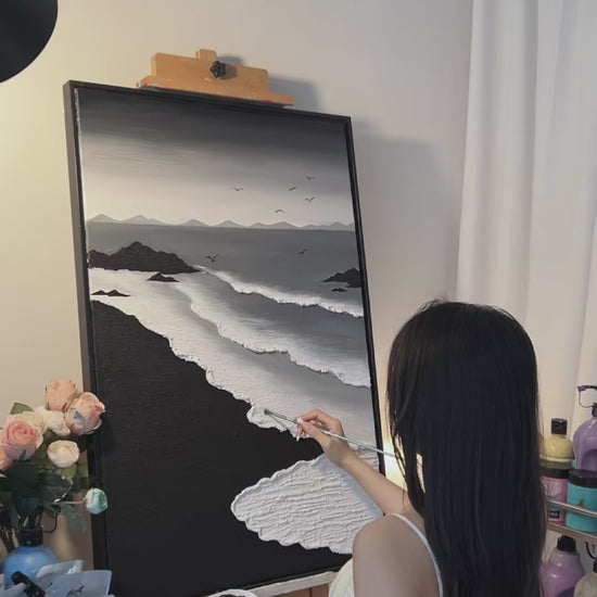 Real painting process showing the grey sky, distant mountains, black rocks and sand, white surf texture, seven birds and the finished seascape