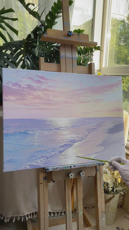 Painting pink clouds and blue waves, followed by the completed Shore of Light beach artwork