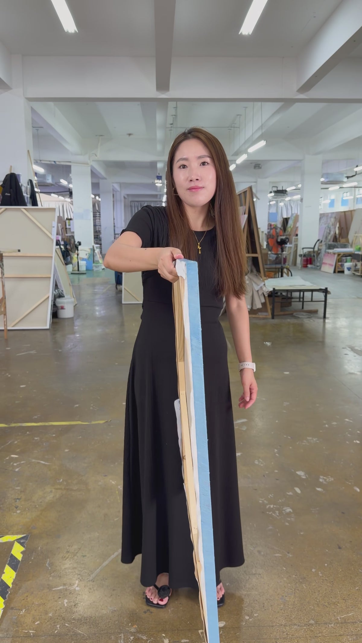 Workshop video showing the handmade square sunset painting from the side and front
