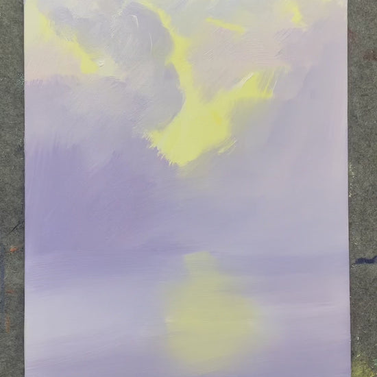 Clouds, light rays, water reflections and a tiny sailboat are painted by hand before the finished pastel seascape is shown.