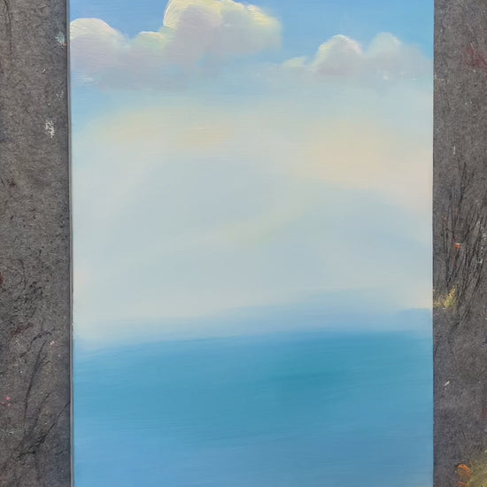 Mountain slopes and their lake reflection painted by hand, followed by surface details and a full view of the artwork
