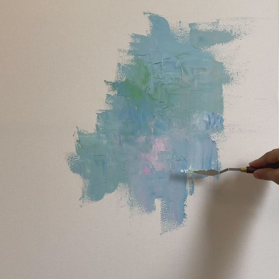 Palette-knife painting process from blue-green ground to pink roses, followed by the finished artwork and a framed presentation