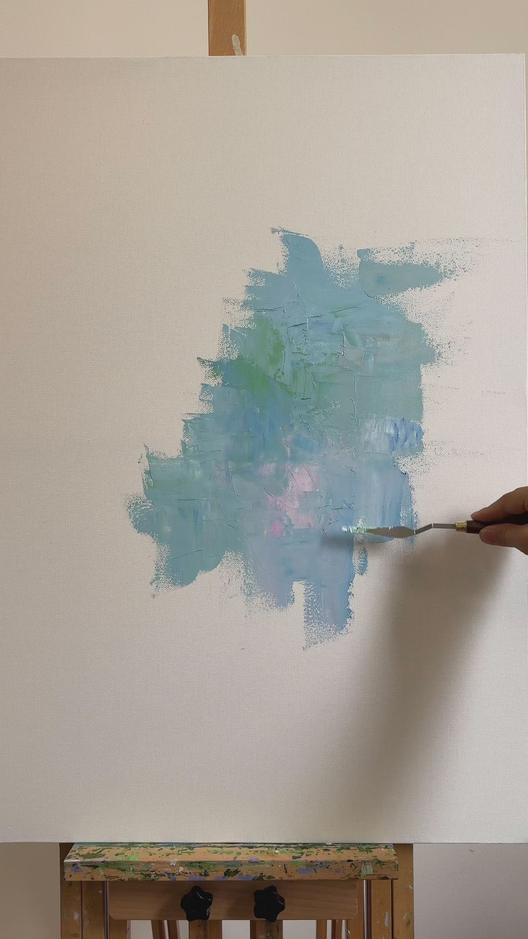 Palette-knife painting process from blue-green ground to pink roses, followed by the finished artwork and a framed presentation