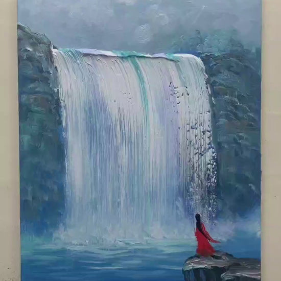 Painting a blue waterfall with broad tools, adding rocky cliffs and a small figure in red, followed by the finished artwork.