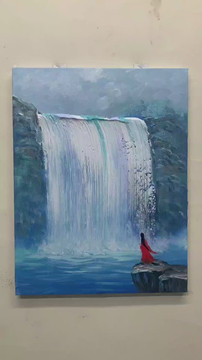 Painting a blue waterfall with broad tools, adding rocky cliffs and a small figure in red, followed by the finished artwork.