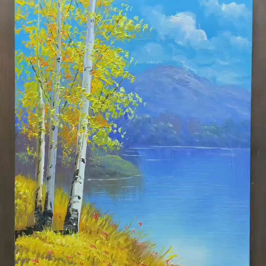 Painting golden birch foliage, white trunks, clouds and a flower-dotted lakeshore, followed by the finished landscape.