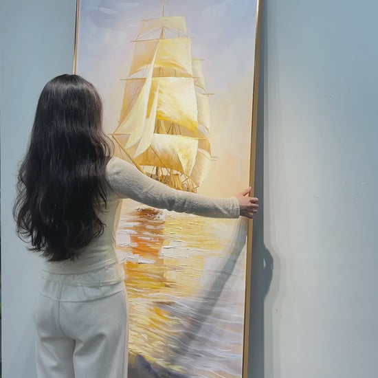 Studio video of Golden Sails, showing an angled view, sail and water details, and the full painting.