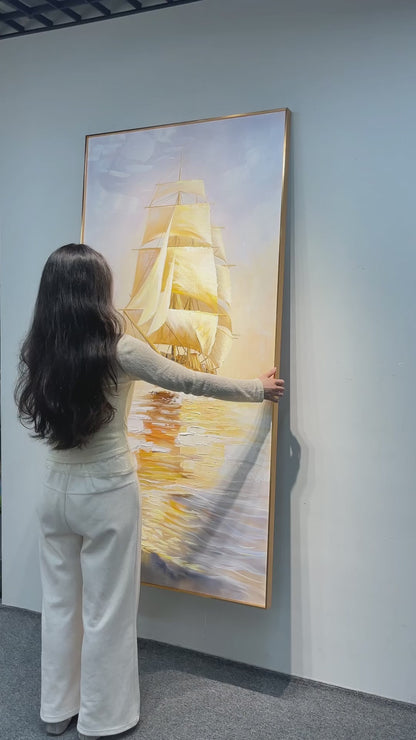 Studio video of Golden Sails, showing an angled view, sail and water details, and the full painting.
