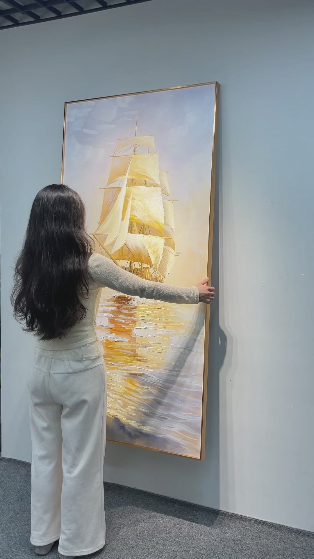 Studio video of Golden Sails, showing an angled view, sail and water details, and the full painting.