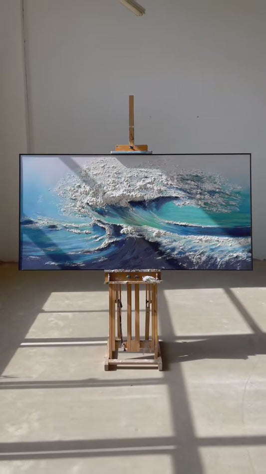 Workshop video showing palette-knife work on the raised white wave crest and the complete blue wave painting