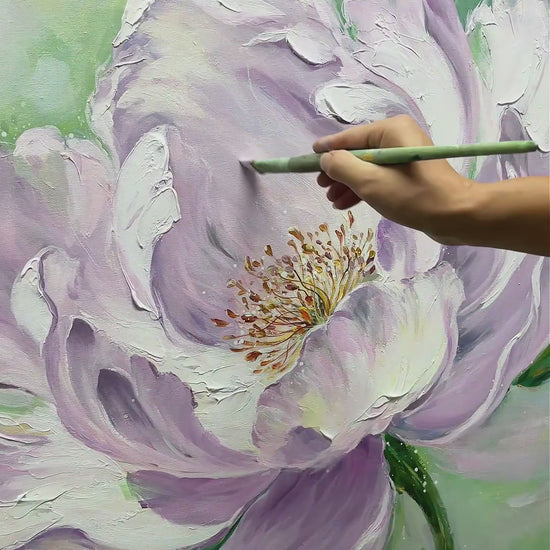 Studio video of lilac peonies: hand painting, a person gently touching the surface, close-up petal details and the complete floral artwork