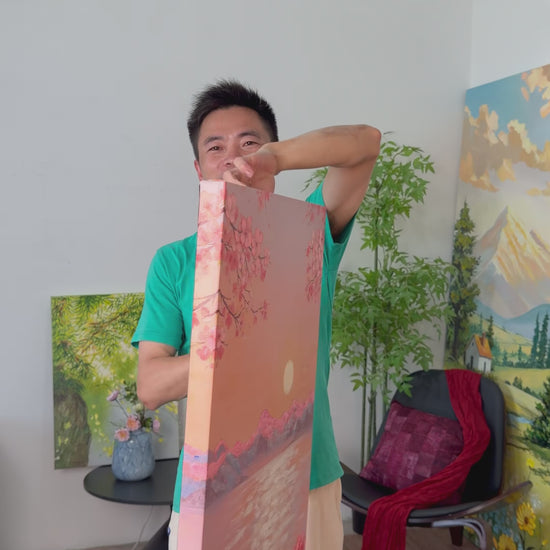 Workshop video showing the hand-painted Peach Blossom Sunrise artwork turning from its side profile to a complete frontal view