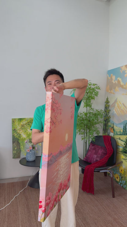 Workshop video showing the hand-painted Peach Blossom Sunrise artwork turning from its side profile to a complete frontal view