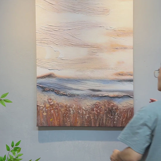 Complete abstract painting, hands holding its edges for an oblique view, close-up ridges and a final full view