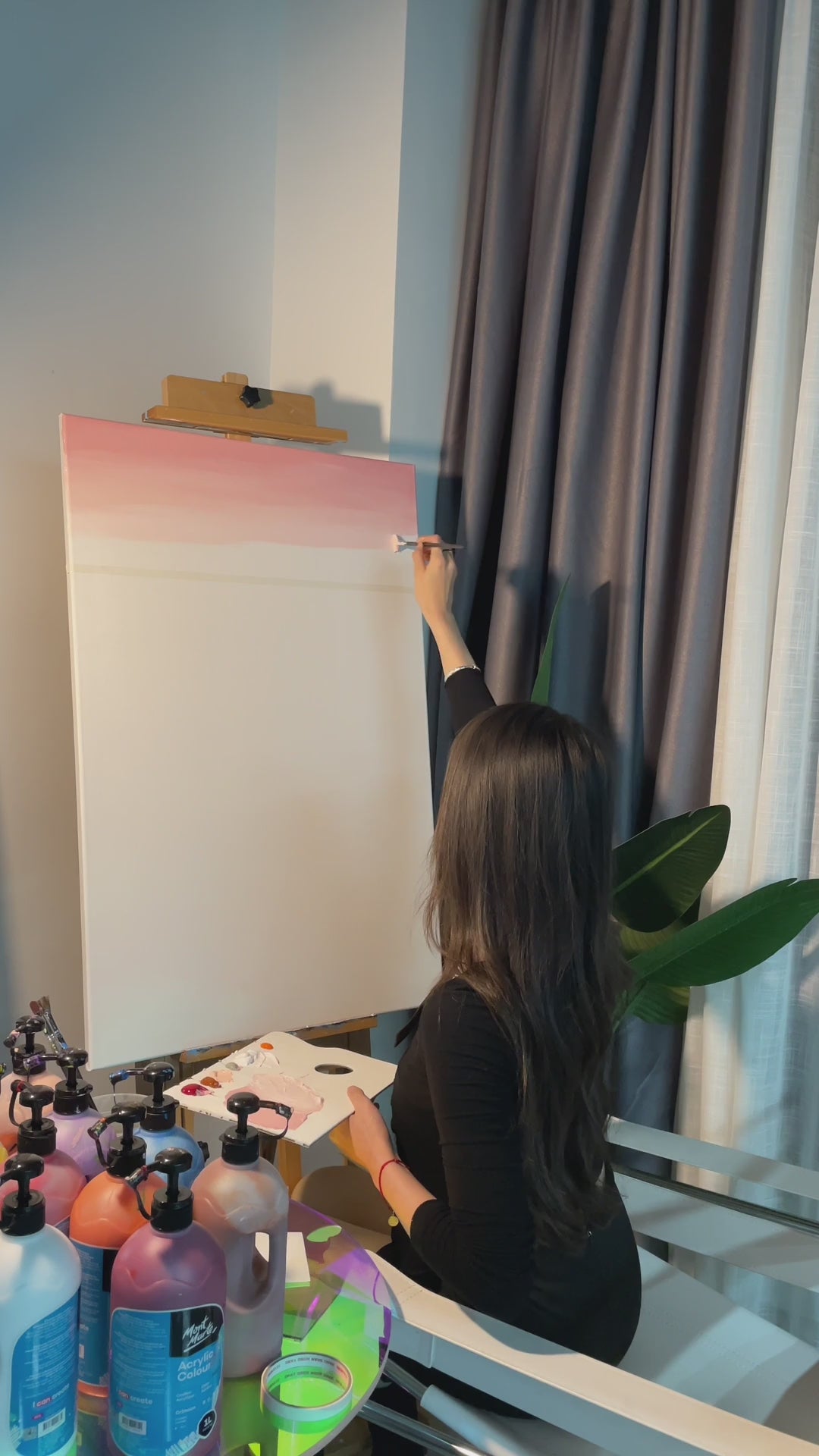 Painting a pink coastal landscape, from sky and shoreline to raised foam details and the finished framed artwork