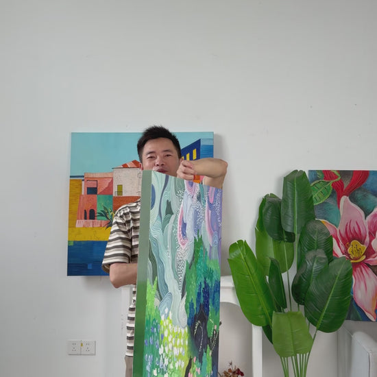 Real studio video of the supplier turning the painting from an angled view to reveal the black cat, colourful garden and curved pastel bands