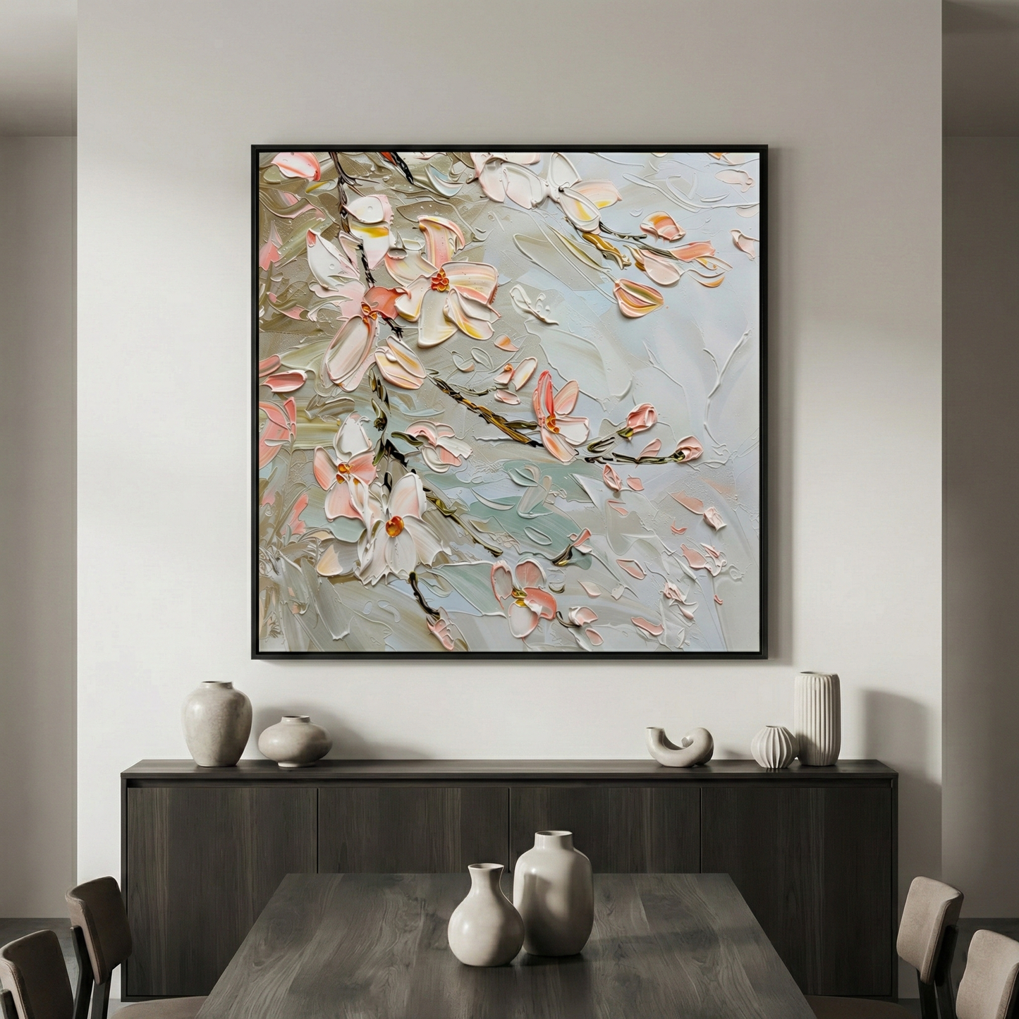 Resonant Drift floral impasto artwork in a modern dining room