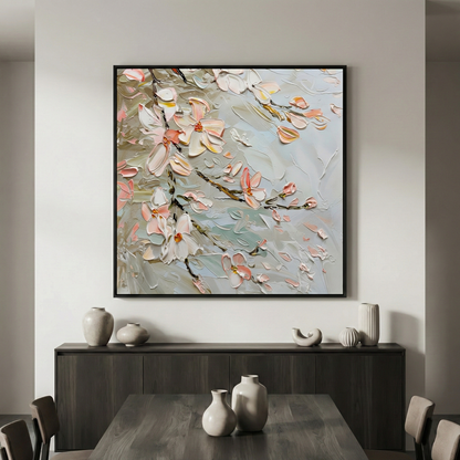 Resonant Drift floral impasto artwork in a modern dining room