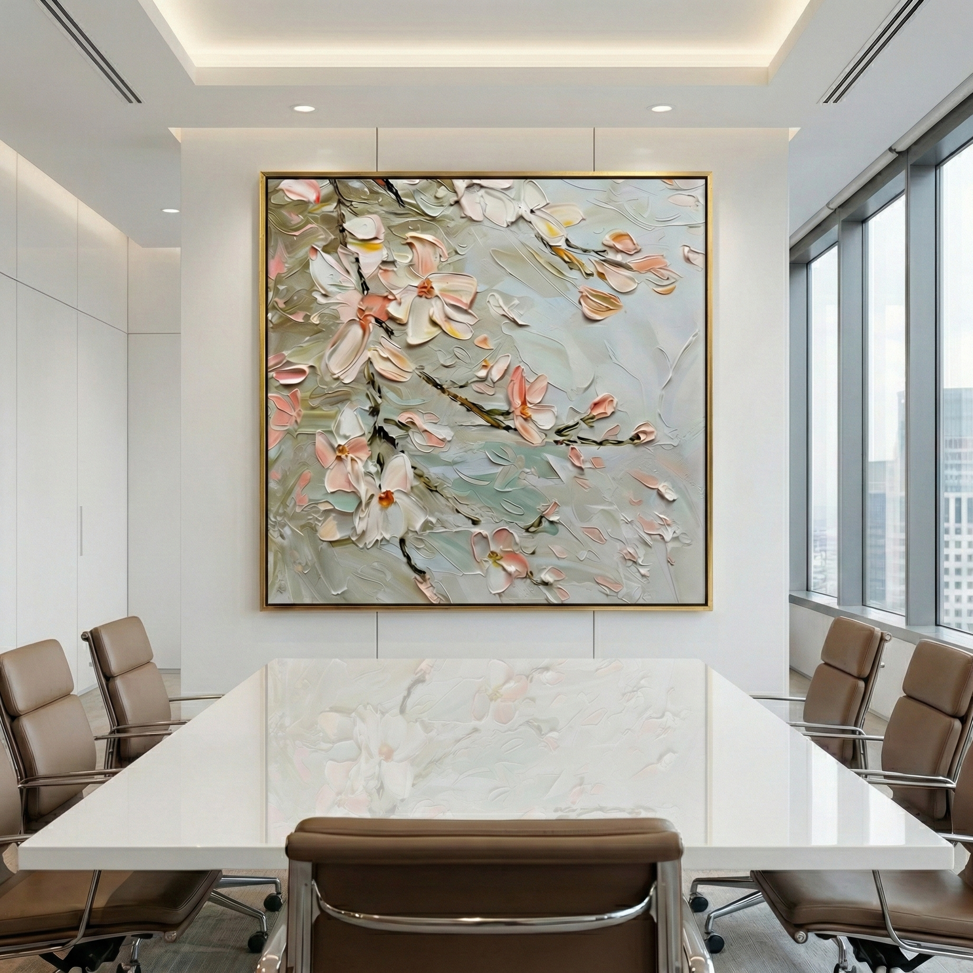 Resonant Drift floral wall art in a bright boardroom