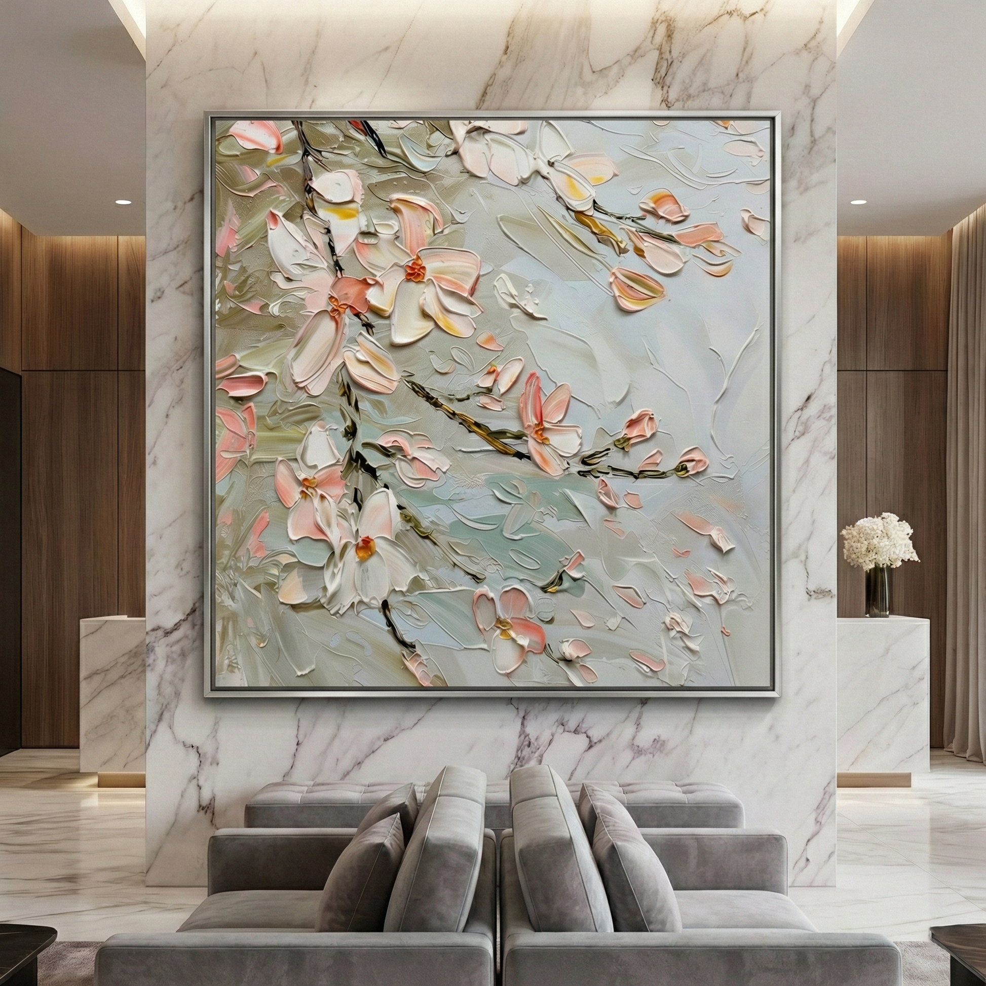 Resonant Drift large square artwork in a marble lobby